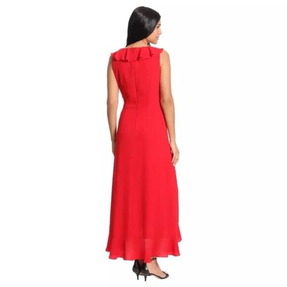 London Times Red Ruffle Faux-Wrap Maxi Dress Women's Size 12 NWT - Picture 12 of 12